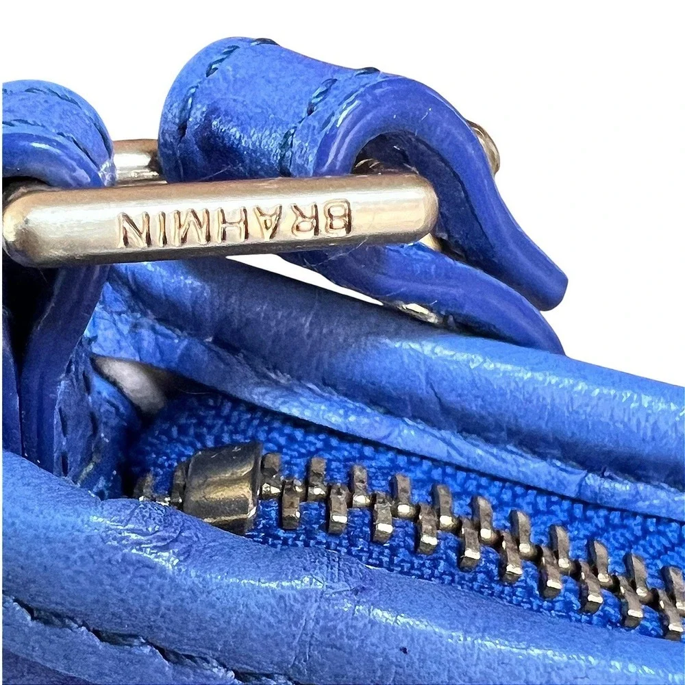 Brahmin Periwinkle Blue Ostrich Embossed Leather Small Shoulder Bag Gold Logo‎